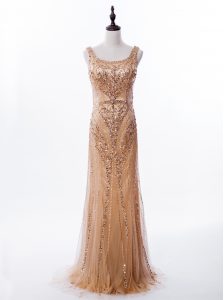 Mermaid Square Sleeveless Satin and Tulle Brush Train Zipper Mother Of The Bride Dress in Gold with Beading and Sequins