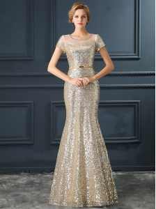 Exceptional Champagne Mermaid Sequined Scoop Cap Sleeves Sequins and Belt Floor Length Zipper Mother Of The Bride Dress