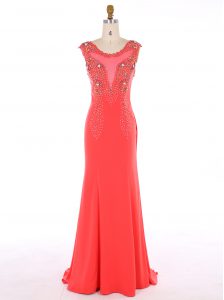 Stylish Mermaid Watermelon Red Mother Of The Bride Dress Prom and Party and For with Beading Scoop Sleeveless Brush Train Zipper