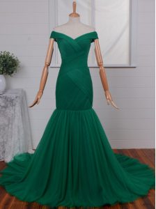 Mermaid Off the Shoulder Sleeveless Ruching Zipper with Green Court Train