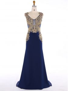 Mermaid V-neck Sleeveless Mother Of The Bride Dress Sweep Train Appliques Navy Blue Chiffon