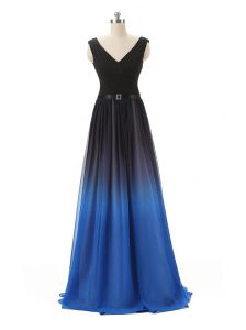 Blue And Black Chiffon and Tulle Zipper V-neck Sleeveless Floor Length Prom Evening Gown Belt