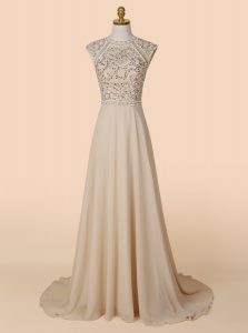 Excellent Scoop Backless Chiffon Sleeveless With Train Prom Dresses Brush Train and Beading