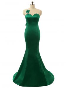 Super Scoop Green Mermaid Beading and Bowknot and Hand Made Flower Prom Gown Zipper Satin Sleeveless