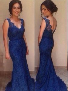 Comfortable Mermaid Lace V-neck Sleeveless Court Train Backless Lace Prom Dress in Royal Blue