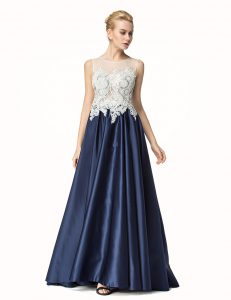 Hot Selling Sleeveless Satin Brush Train Side Zipper Prom Dress in Navy Blue with Beading and Lace