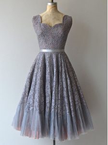 A-line Mother Of The Bride Dress Grey Square Lace Sleeveless Knee Length Zipper