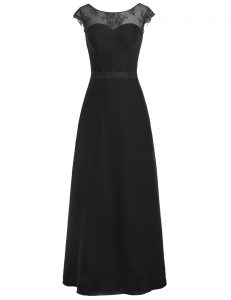 Scoop Black A-line Appliques Mother Of The Bride Dress Zipper Chiffon Cap Sleeves Floor Length