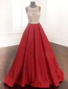 High End Red Scoop Neckline Beading Prom Dresses Sleeveless Zipper