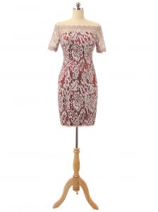 Off the Shoulder Lace Mini Length Column/Sheath Short Sleeves White And Red Mother Of The Bride Dress Zipper