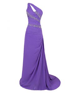 Free and Easy One Shoulder Purple Prom Dress Chiffon Brush Train Sleeveless Beading