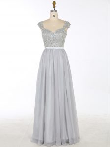 Flirting Grey Sleeveless Beading and Appliques Floor Length Dress for Prom