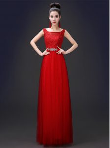 Fashionable A-line Evening Dress Red Scoop Tulle Sleeveless Floor Length Zipper