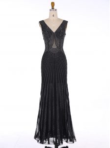 Sweet Mermaid Black Chiffon Zipper V-neck Sleeveless Floor Length Mother Of The Bride Dress Sequins