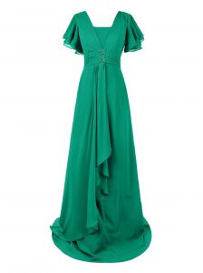 Green Short Sleeves Chiffon Sweep Train Zipper Mother Of The Bride Dress for Prom and Wedding Party