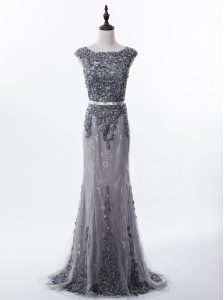 Luxurious Mermaid Scoop Lace Sleeveless Mother Of The Bride Dress Brush Train and Beading