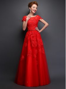 Scoop Cap Sleeves Floor Length Lace Up Evening Dress Red for Prom and Party with Beading and Appliques