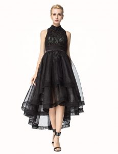 Black Sleeveless Asymmetrical Lace Zipper Prom Evening Gown