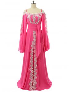 Hot Pink Chiffon Zipper Prom Gown Long Sleeves Sweep Train Lace and Sequins