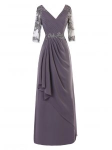 Cheap Floor Length Grey Mother Of The Bride Dress Chiffon Long Sleeves Beading and Appliques and Ruching