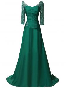 Nice With Train Green Prom Dress V-neck Long Sleeves Sweep Train Zipper