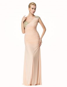 Mermaid Peach Prom and For with Beading and Ruching One Shoulder Sleeveless Zipper