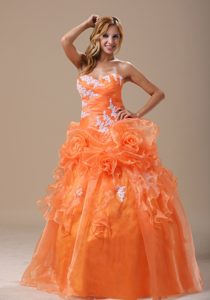 Orange Sweetheart Ruffled Sweet 15 Dress with Appliques and Hand Made Flowers