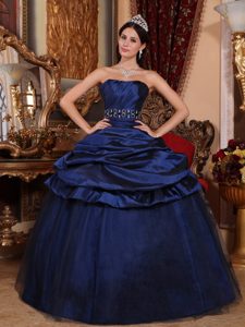 Beaded Strapless Navy Blue Quinceanera Dress in Taffeta and Tulle