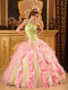 Ruffled One Shoulder Multi-color Sweet 15 Dress in Taffeta and Organza