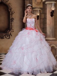Discounted White Sweet 16 Dresses with Orange Red Embroidery and Sash