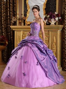 Lavender Strapless Quinceanera Dress by Taffeta and Tulle with Beading