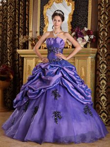 Purple Strapless Quinceanera Gown Dress with Appliques and Pick Ups