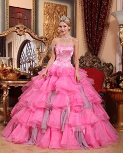 Rose Pink Sweetheart Quinceanera Gown Dress with Beading and Ruffles