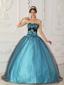 Black and Blue Strapless Quince Dress by Taffeta and Tulle with Appliques