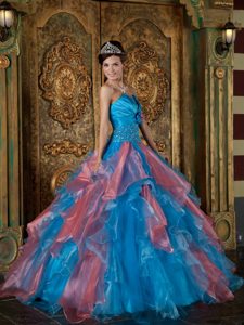 Blue and Orange Quinceanera Dress with Beading and Ruffled Skirt for NC