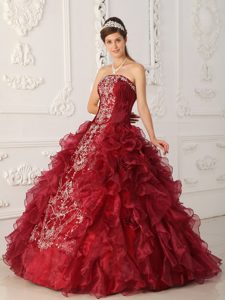Wine Red Strapless Quinceanera Dress by Satin and Organza with Embroidery