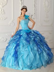 Aqua Blue One Shoulder Quince Dress by Satin and Organza with Ruffles