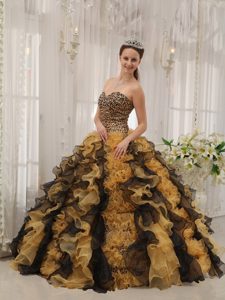 Multi-color Quinceanera Gown with Bodice by Zebra Print Fabric and Ruffles
