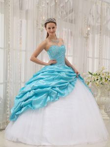 Aqua Blue and White Sweet 15 Dresses with Beading and Pick Ups over Skirt