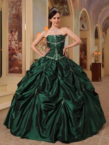 Hunter Green Taffeta Quinceanera Dress with Beading and Pick Ups