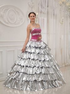 Pink and Silver Quinceanera Dress by Satin and Taffeta with Beading