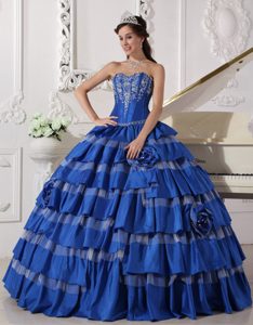 Blue Quinceanera Gown with Embroidery and Layered Skirt with Flowers