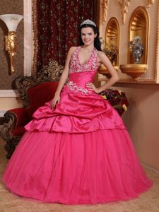 Hot Pink Quinceanera Gown Dress with Halter Top Neck and Appliques