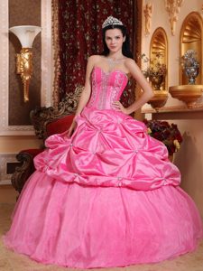 Rose Pink Sweetheart Quince Gown by Taffeta with Beading and Pick Ups