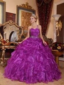 Purple One Shoulder Quinceanera Gown Dress with Beading and Ruffles