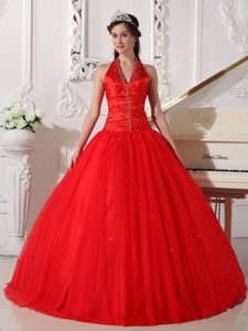 Red V-neck Tulle Quinceanera Dress by Taffeta and Tulle with Beading