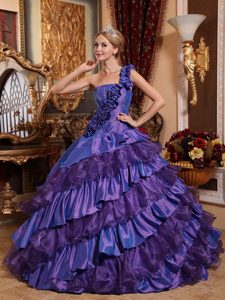 Purple One Shoulder Quince Dress by Taffeta with Hand Made Flowers