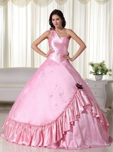 Pink One Shoulder Quince Dress by Taffeta with Beading and Embroidery