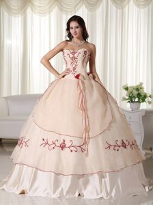 Champagne Sweetheart Sweet 16 Quinceanera Dress with Red Embroidery