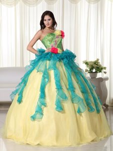 Quinceanera Dress with Handmade Flowers and Bodice by Sequined Fabric